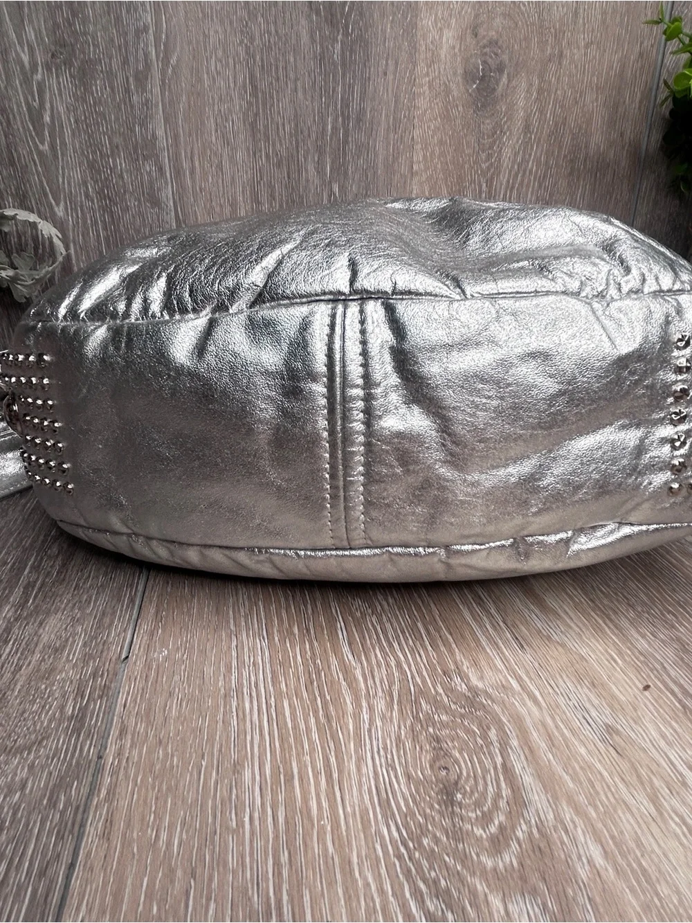 Bags by Pinky • Metallic Silver Studded Shoulder Bag • Genuine Leather •USA Made - Picture 8 of 12